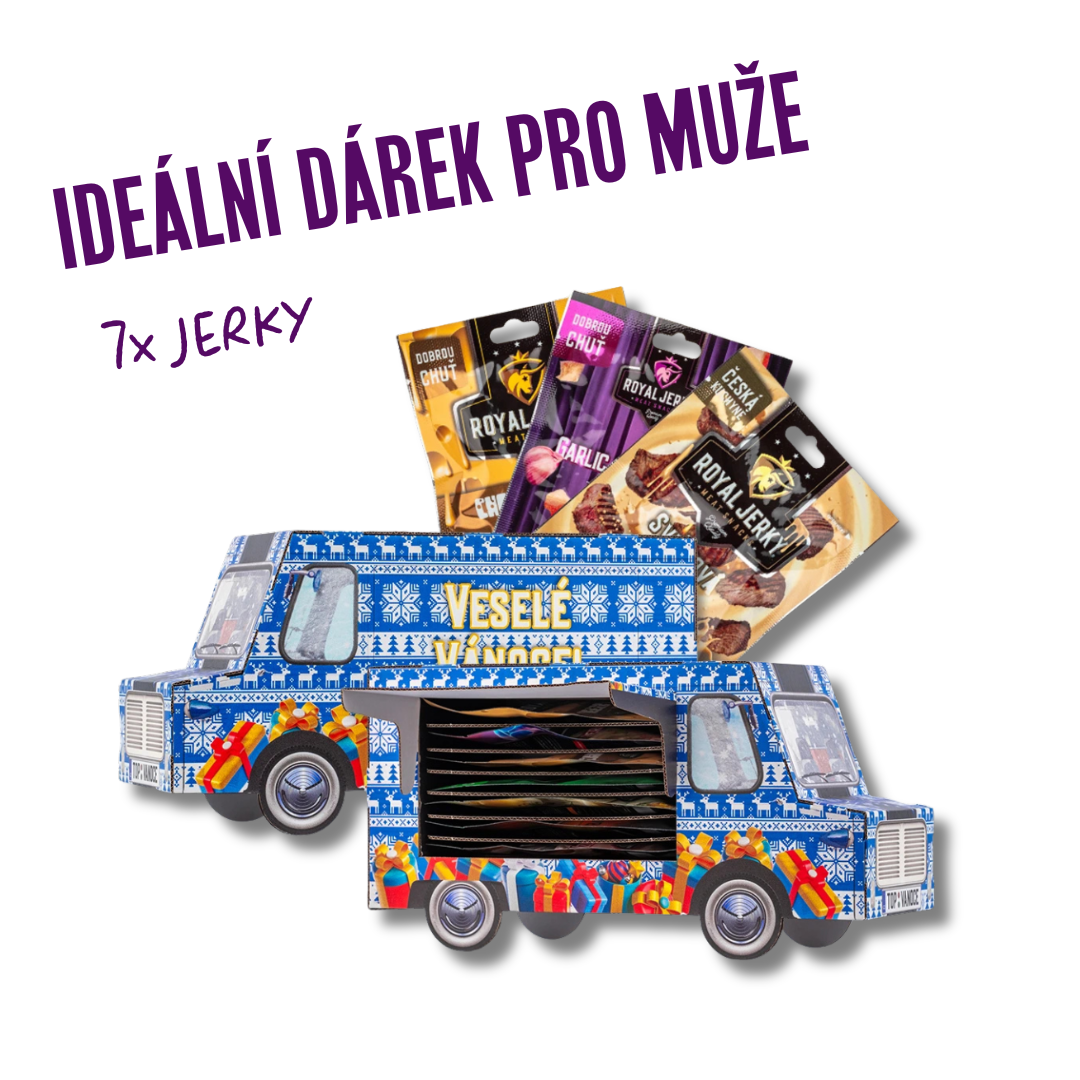 Vánoční modrý FOOD TRUCK plný sušeného masa (7x jerky)