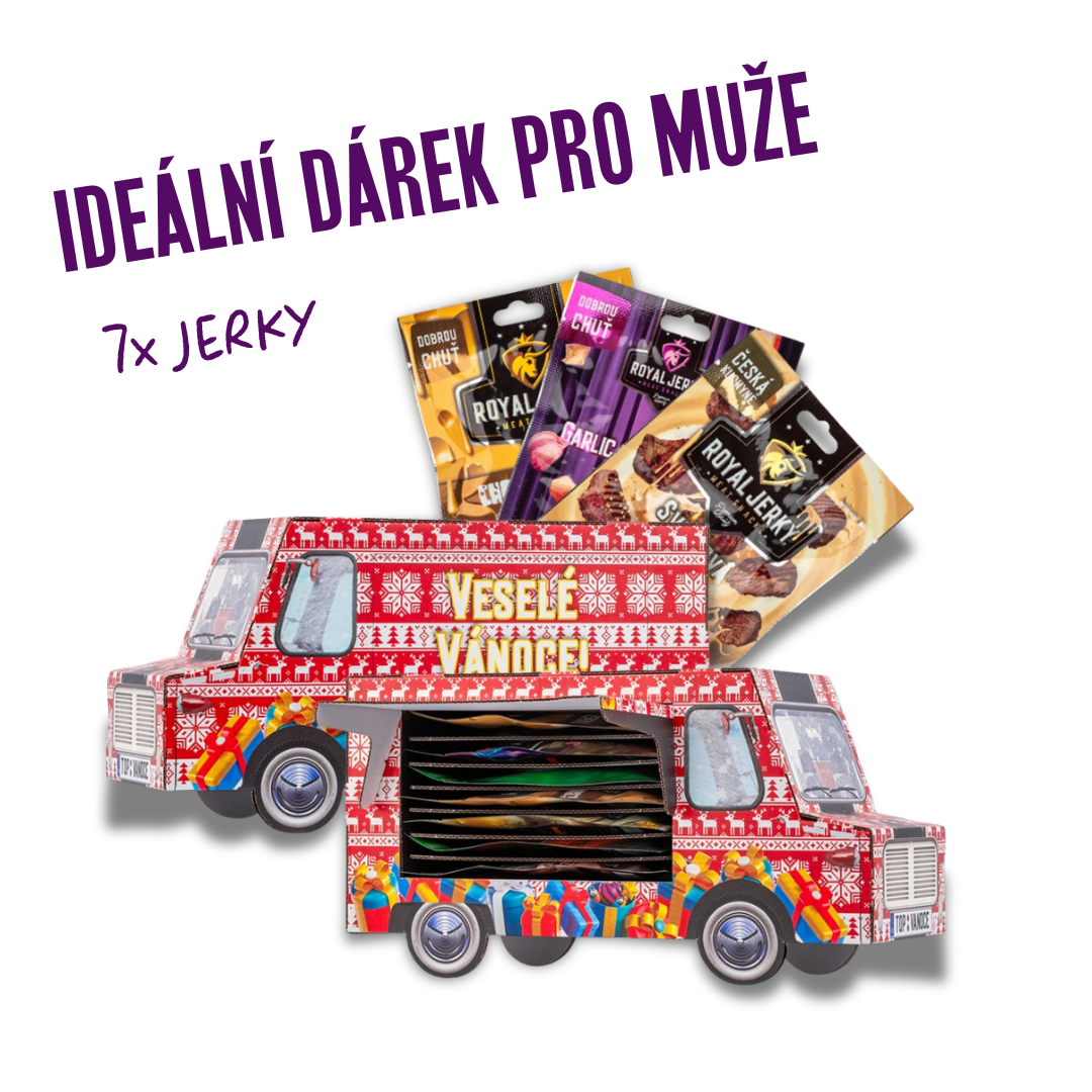 Vánoční červený FOOD TRUCK plný sušeného masa (7x jerky)