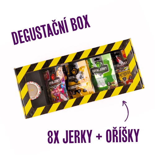 Royal Jerky: Degustační BOX (8x12g jerky, 1x 110g oříšky)